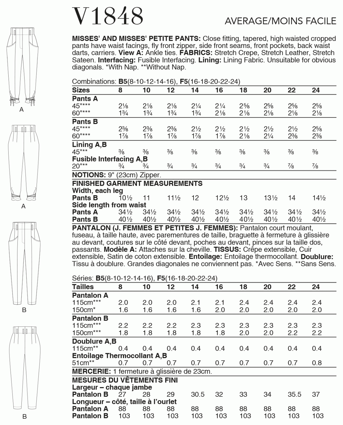 Vogue Pattern V1848 Misses', Misses' Petite Trousers