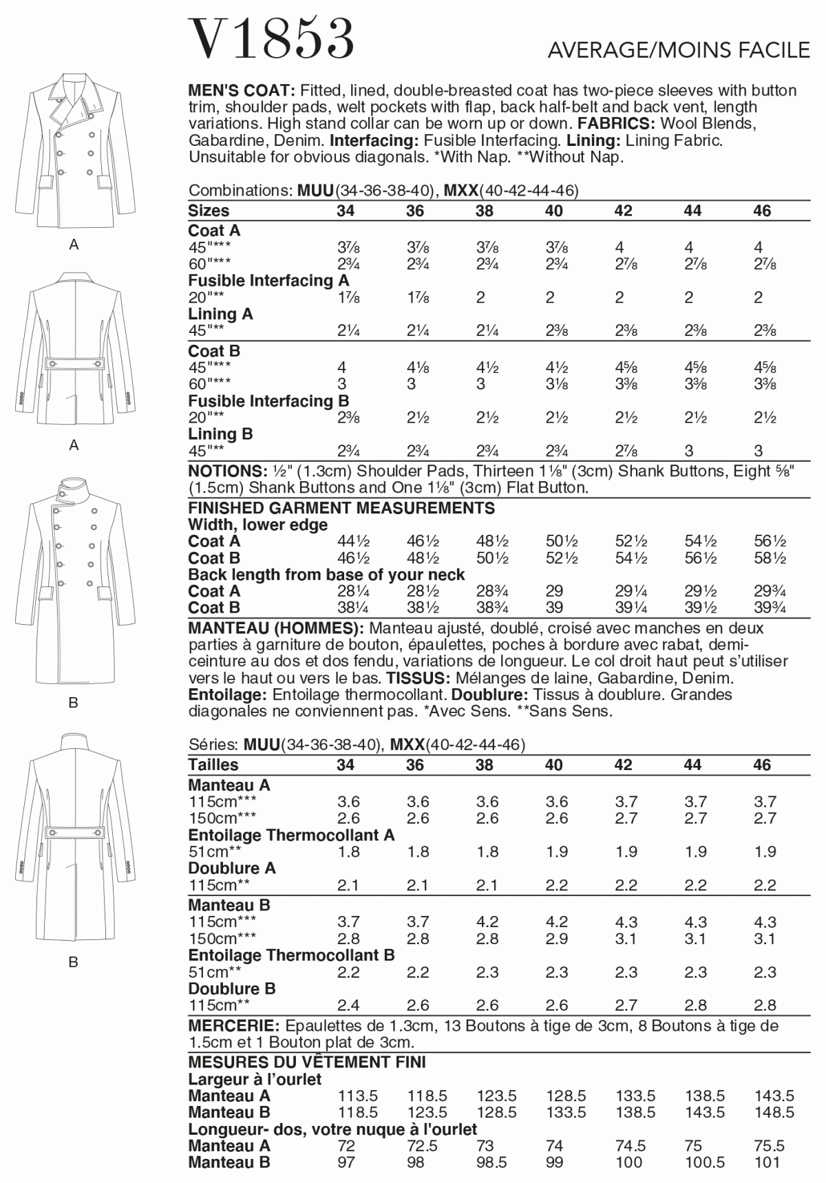 Vogue Pattern V1853 Men's Coat