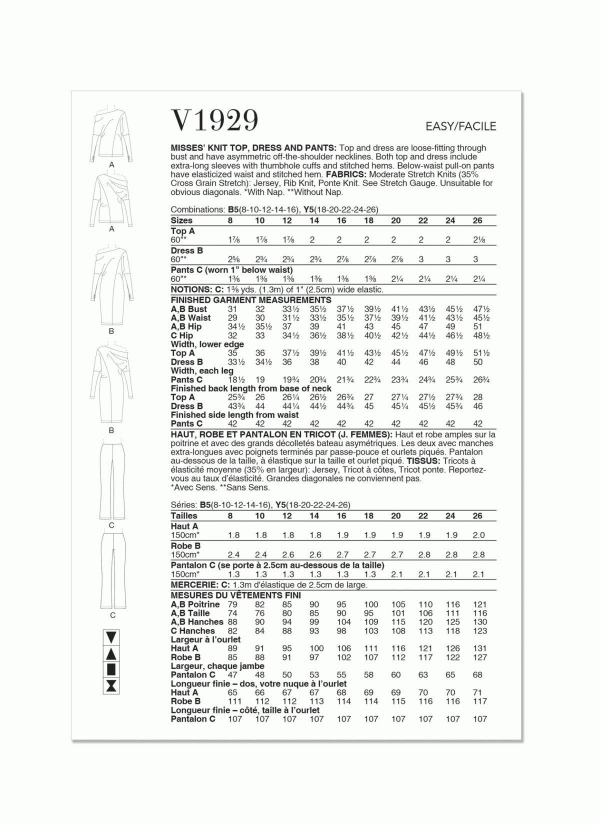 Vogue Patterns V1929 Misses' Knit Top, Dress and Trousers