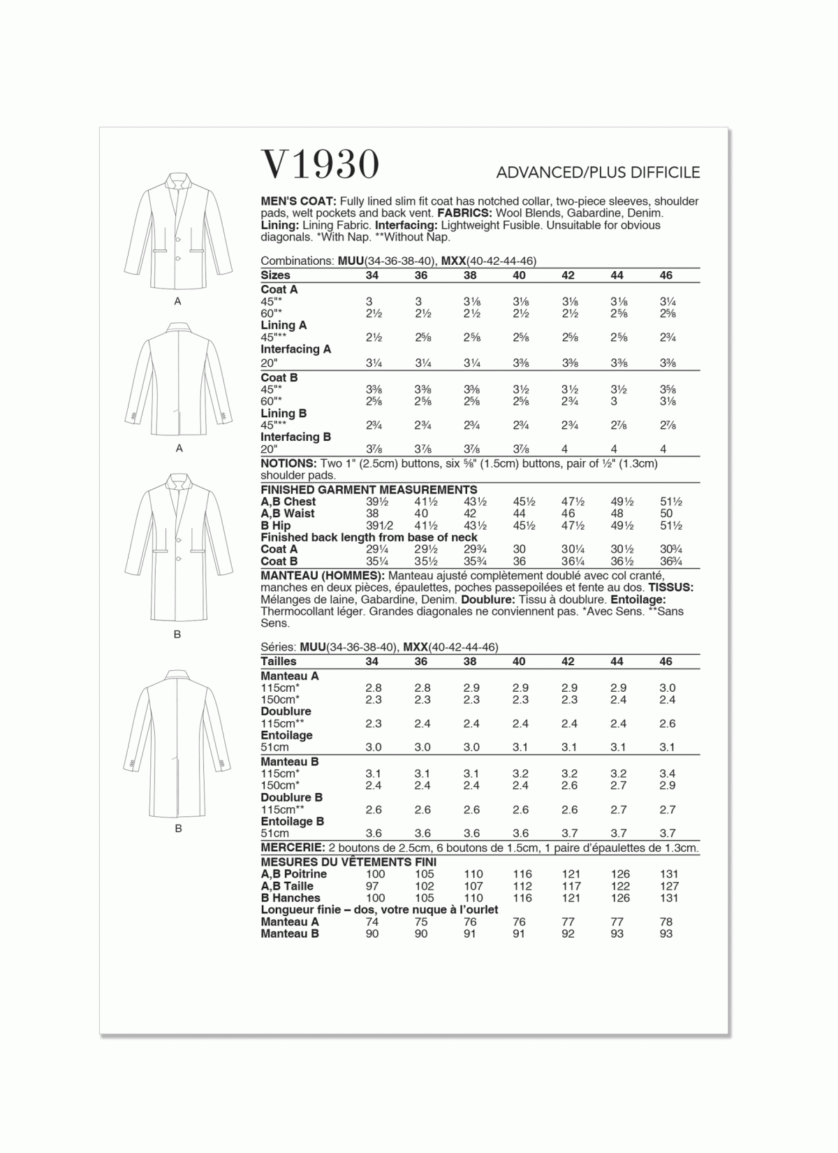 Vogue Patterns V1930 Men's Coat