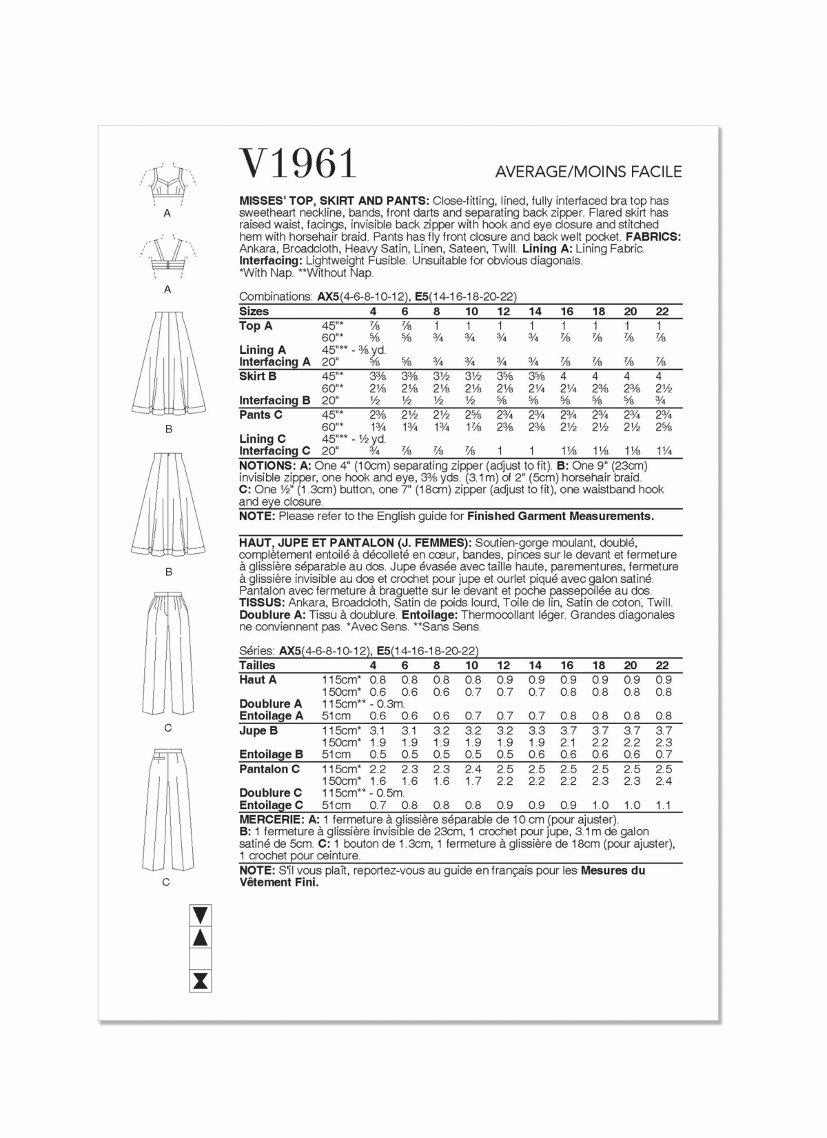 Vogue Patterns V1961 Misses' Top, Skirt and Trousers