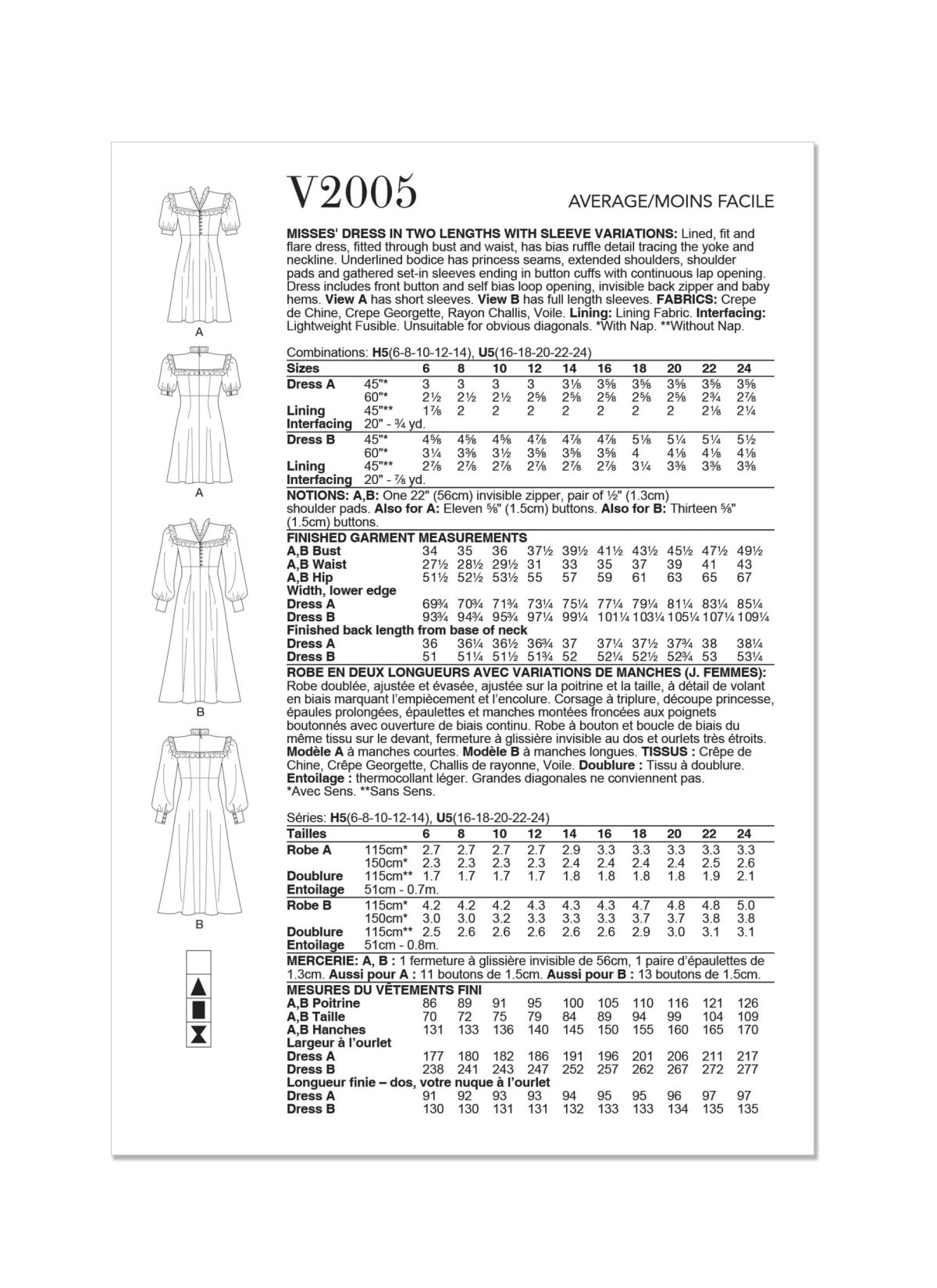Vogue Patterns V2005 Misses' Dress in Two Lengths with Sleeve Variations