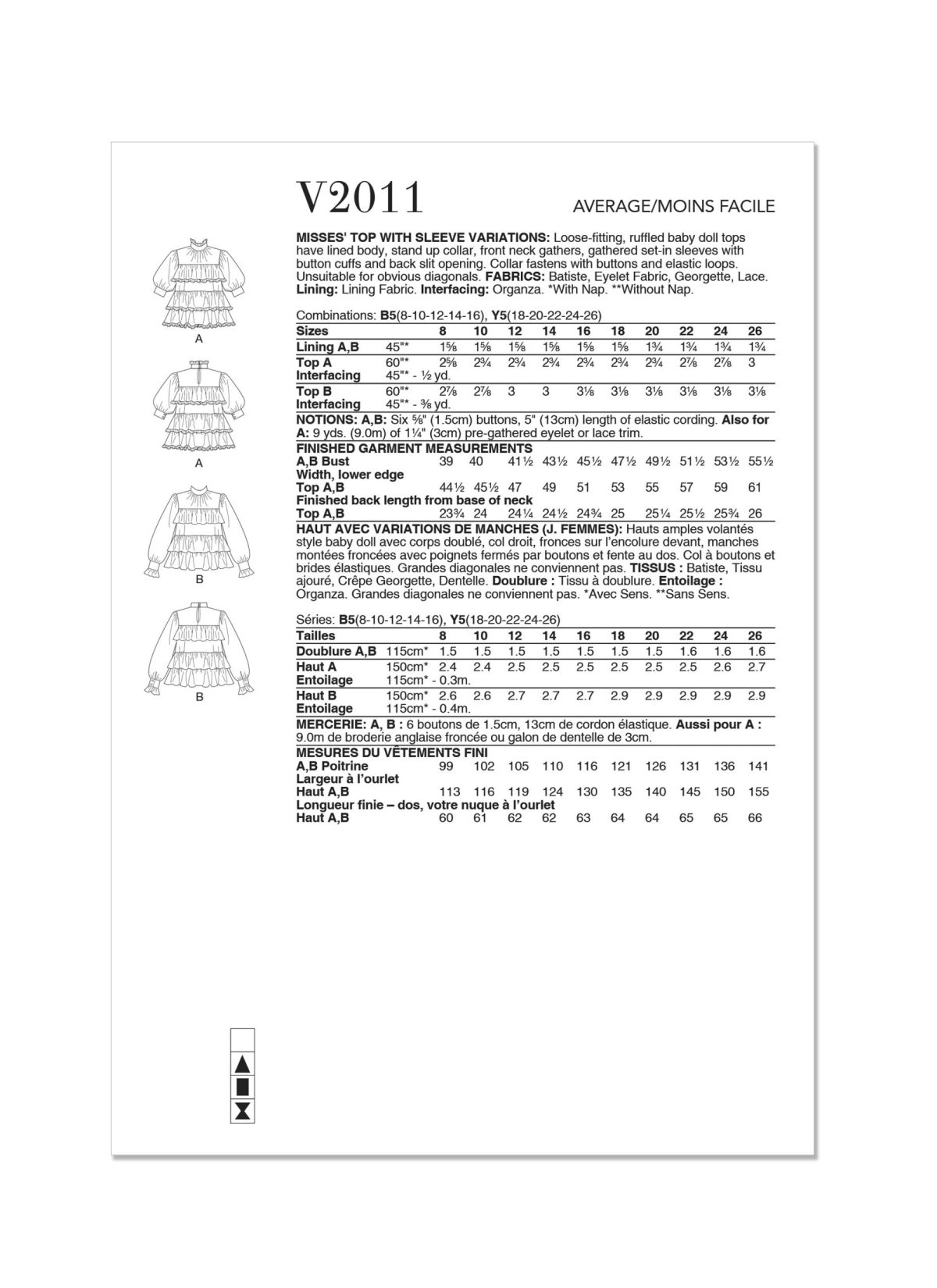 Vogue Patterns V2011 Misses' Top with Sleeve Variations