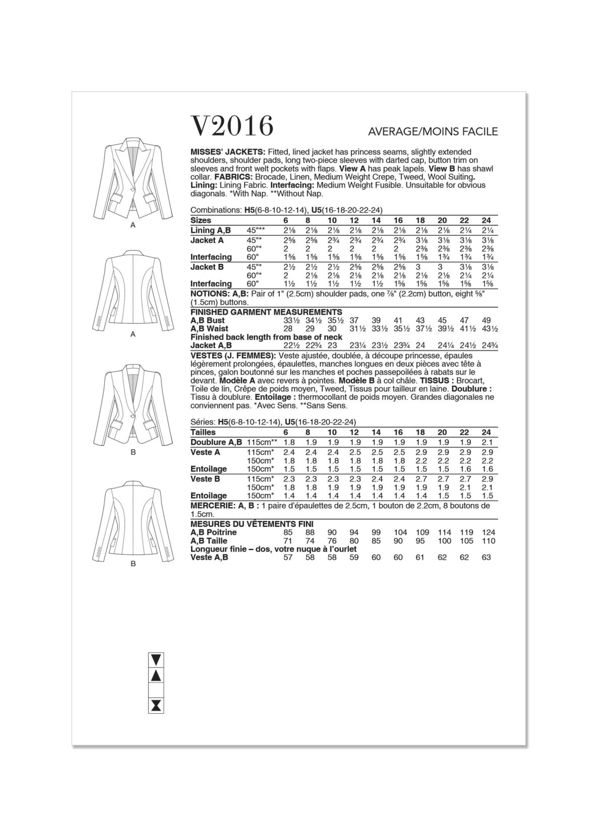 Vogue Patterns V2016 Misses' Jackets