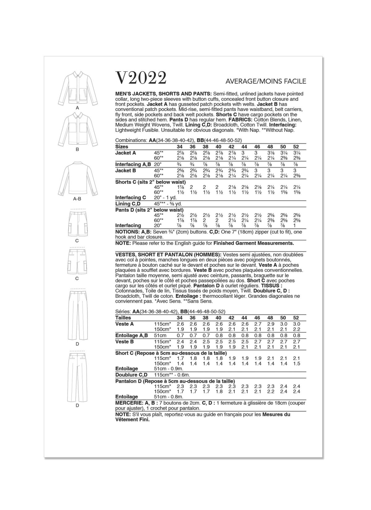 Vogue Patterns V2022 Men's Jackets, Shorts and Trousers