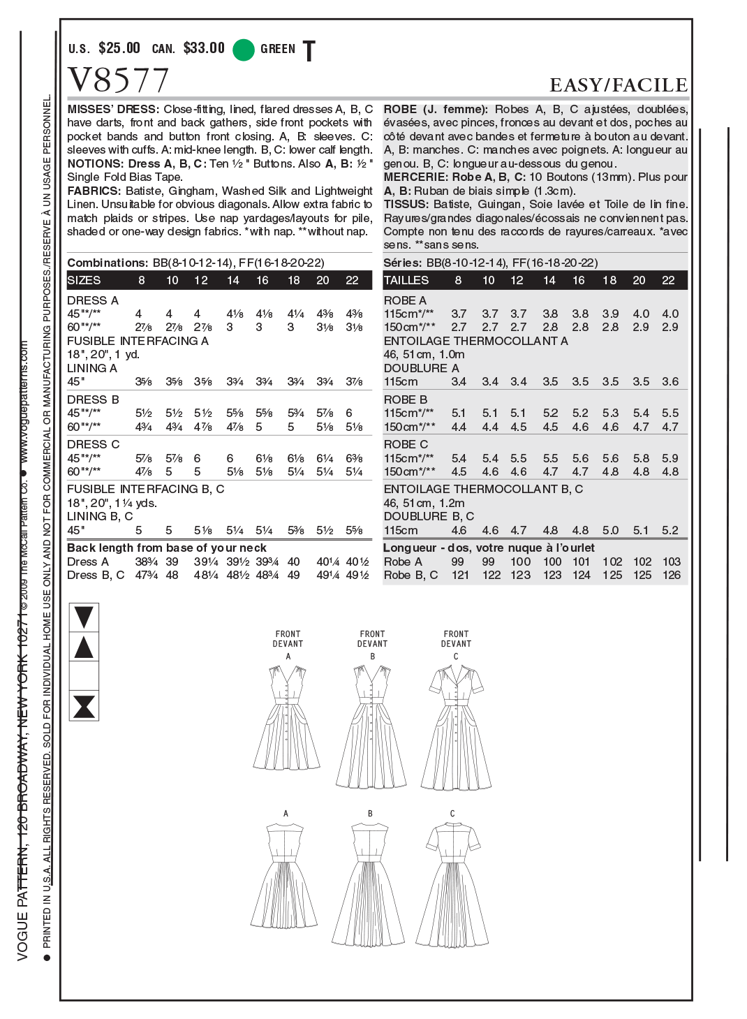Vogue Patterns V8577 Misses' Dress