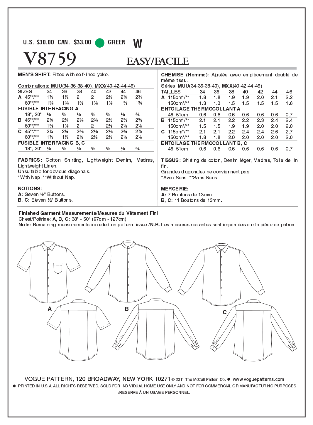 Vogue Patterns V8759 Men's Shirt