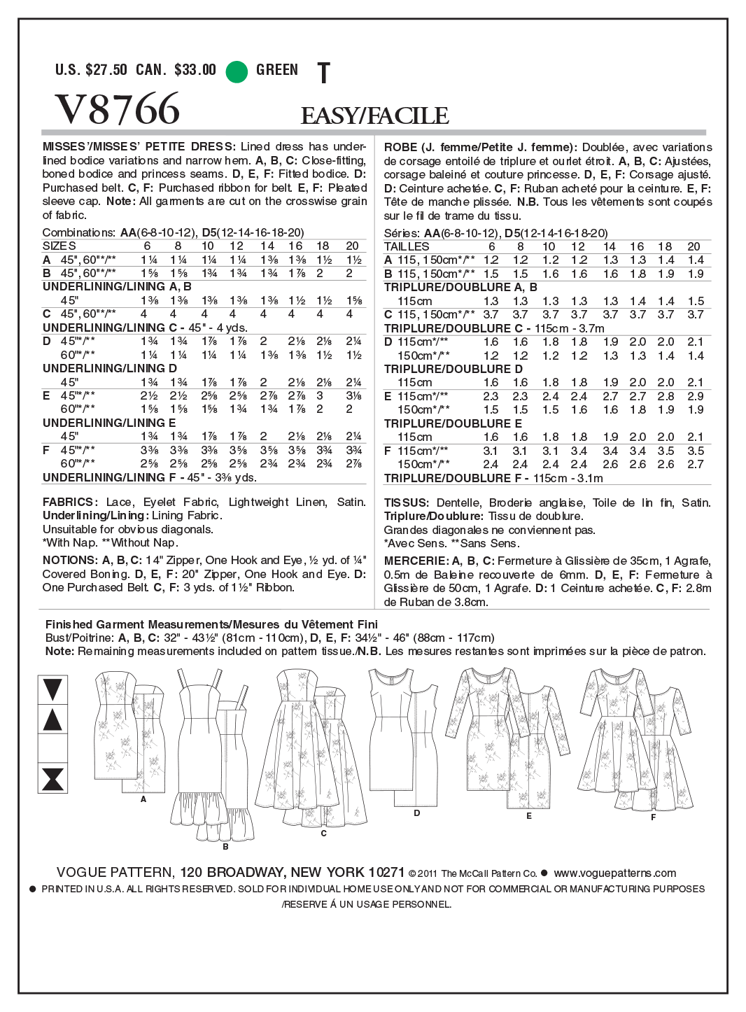 Vogue Patterns V8766 Misses'/Misses' Petite Dress