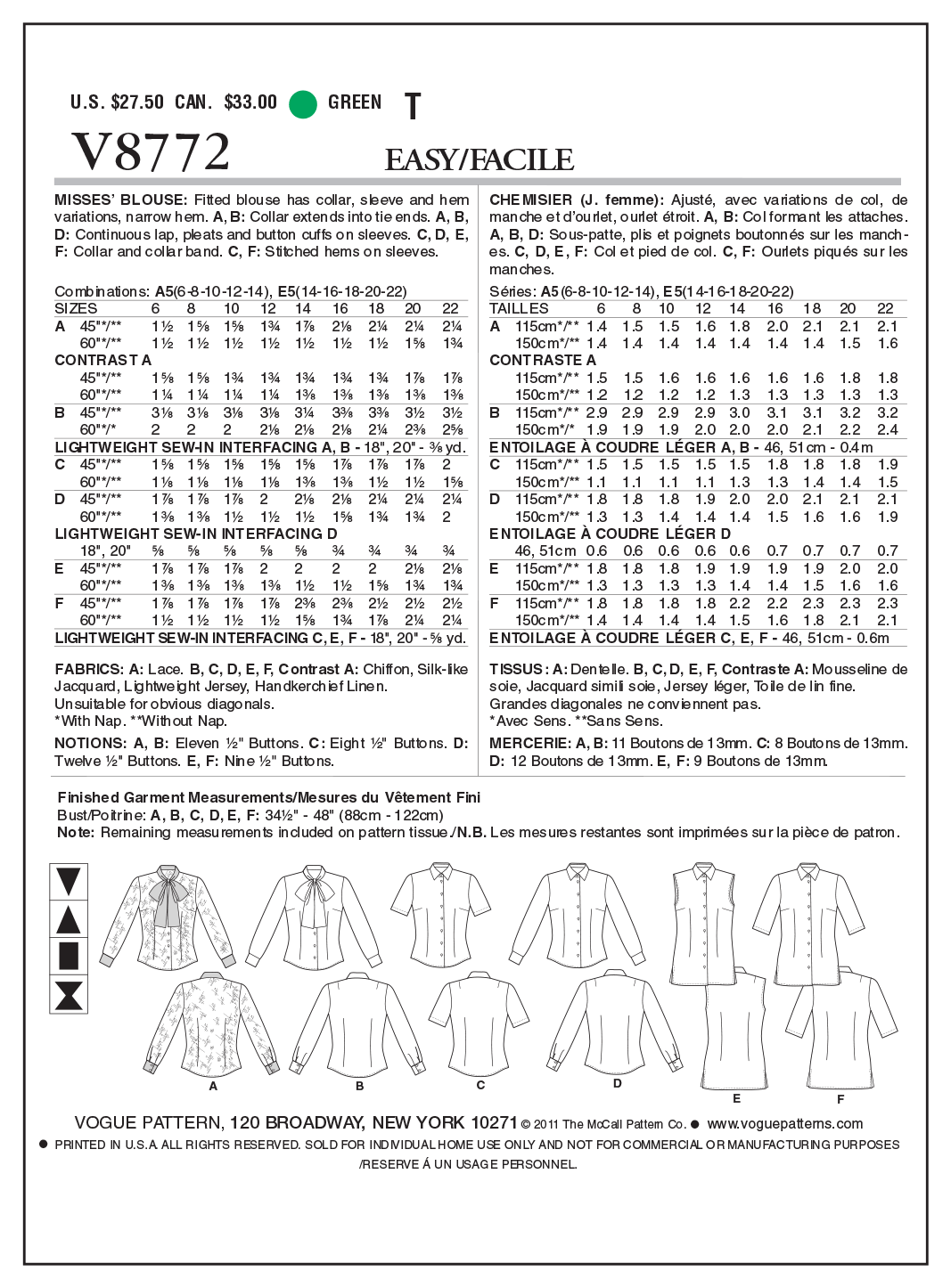 Vogue Patterns V8772 Misses' Blouse
