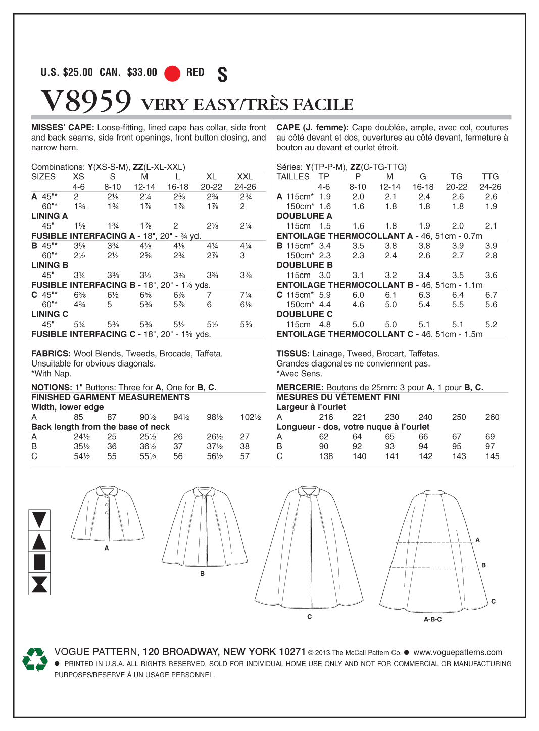 Vogue Patterns V8959 Misses' Cape