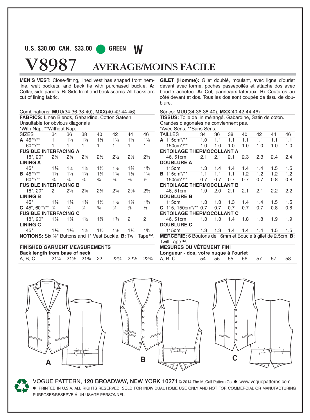 Vogue Patterns V8987 Men's Vest