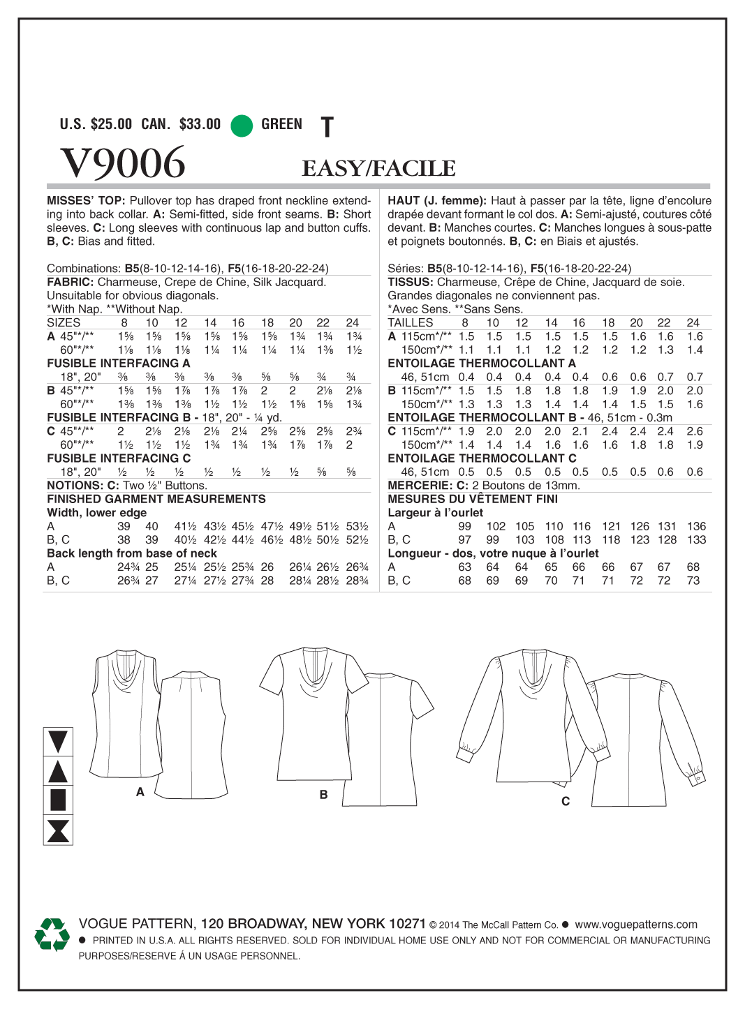 Vogue Patterns V9006 Misses' Top