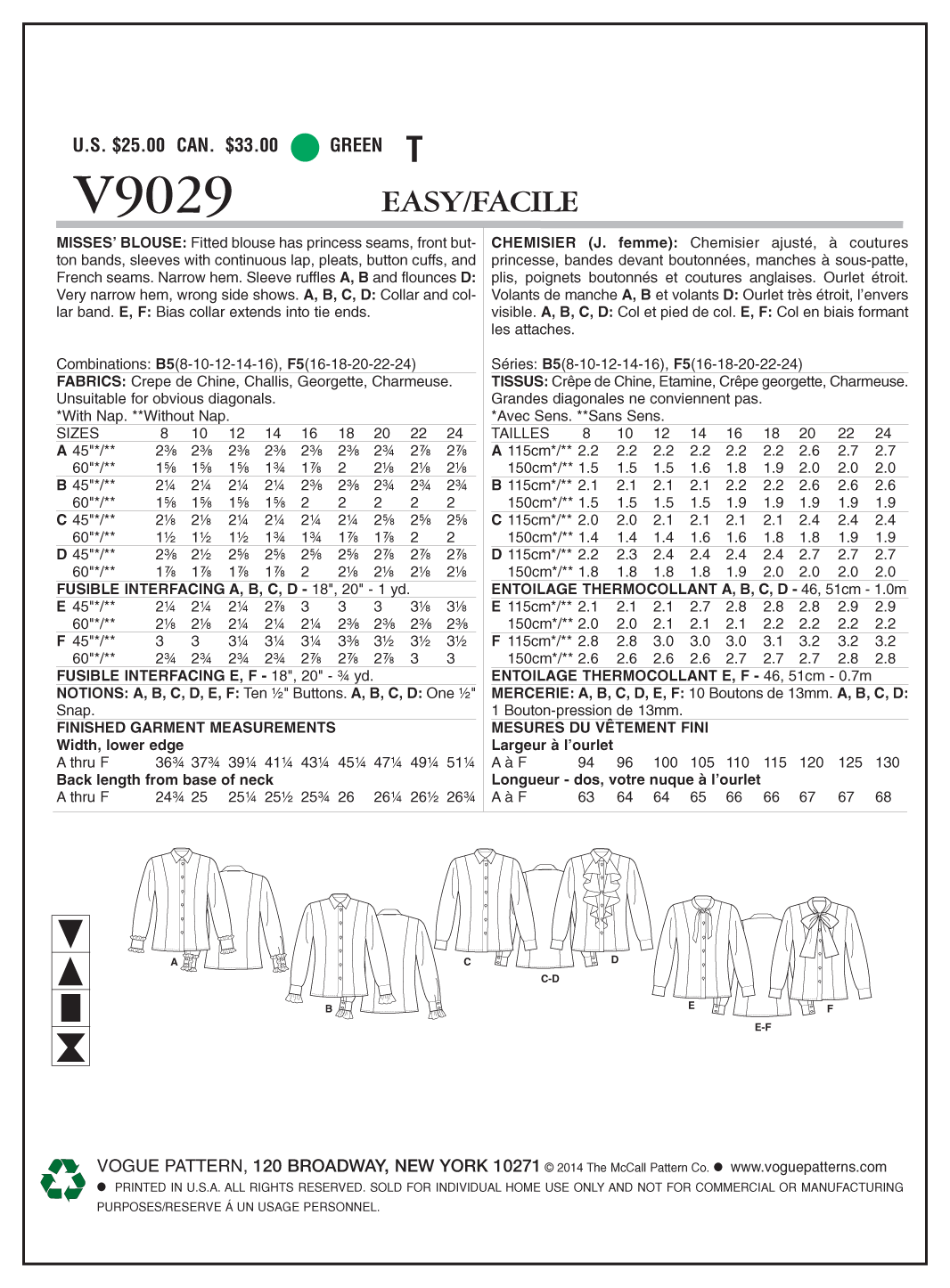 Vogue Patterns V9029 Misses' Blouse