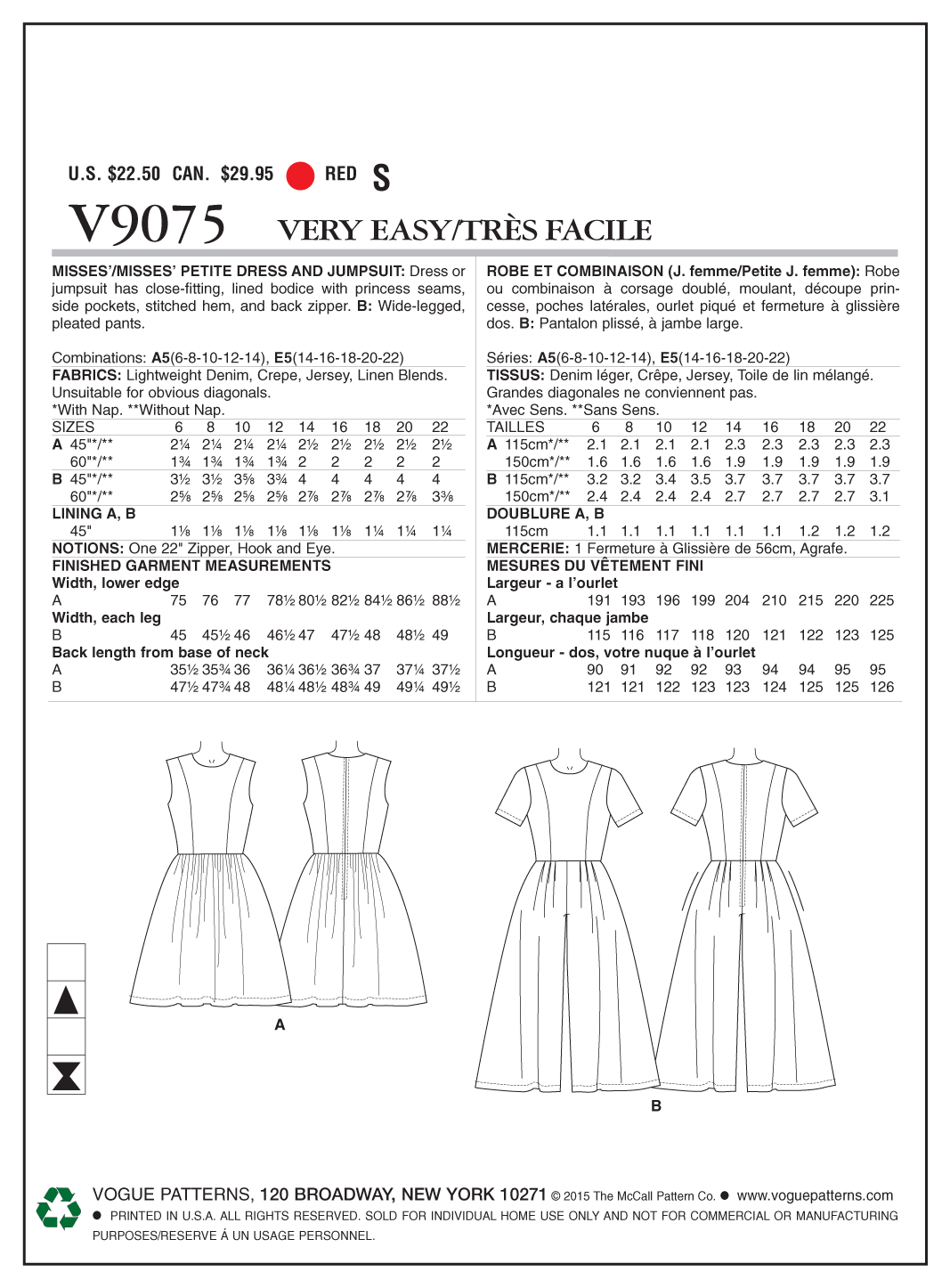 Vogue Patterns V9075 Misses'/Misses' Petite Dress and Jumpsuit