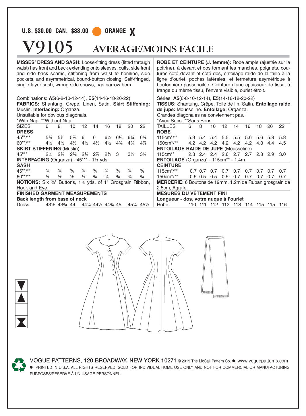 Vogue Patterns V9105 Misses' Dress and Sash