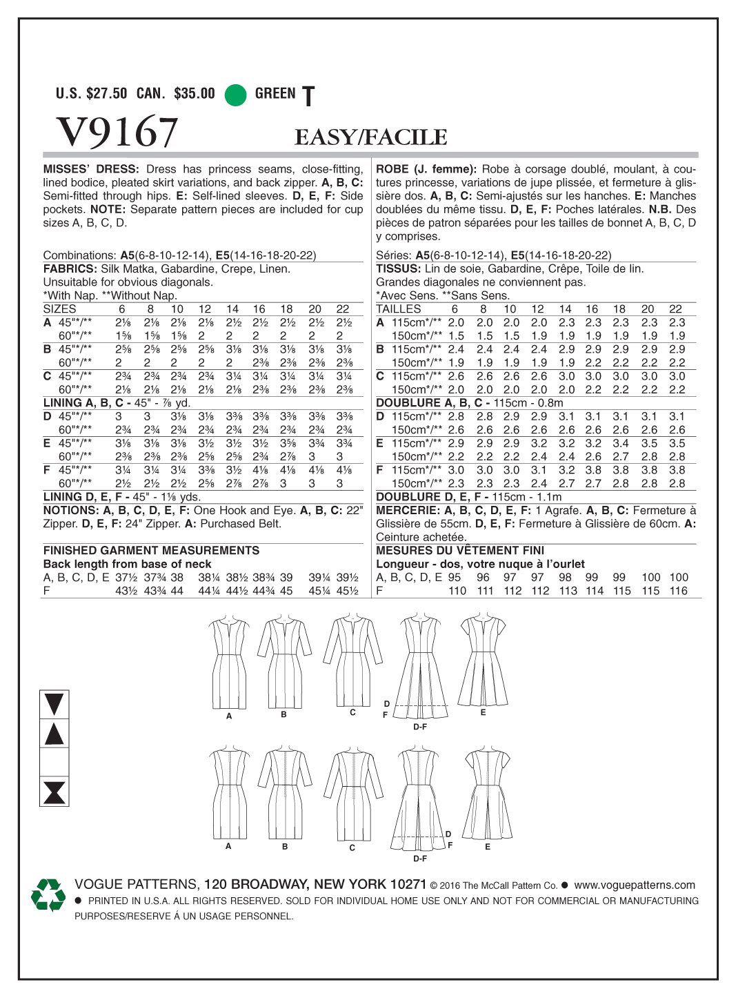 Vogue Patterns V9167 Misses' Notch-Neck Princess-Seam Dresses
