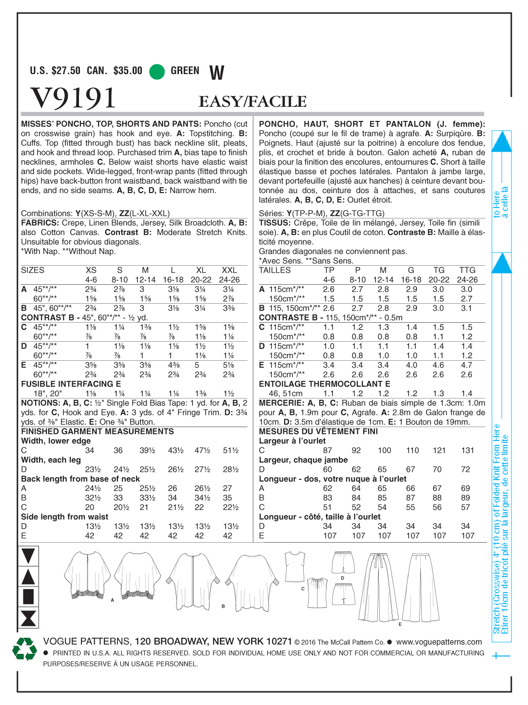 Vogue Patterns V9191 Misses' Ponchos, Back-Pleat Top, Shorts and Wide-Leg Wrap Pants
