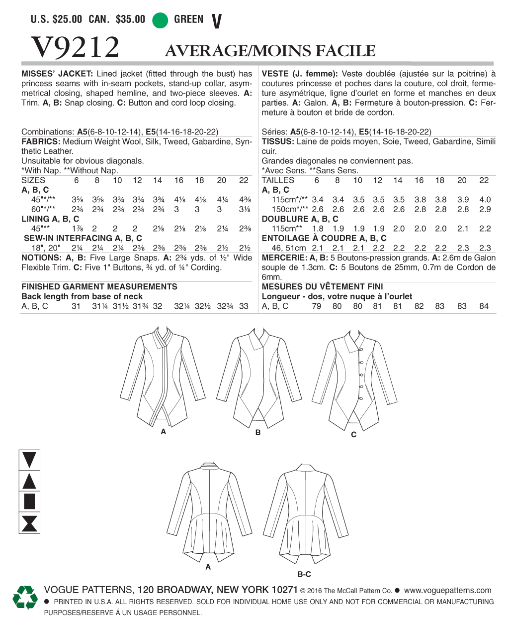 Vogue Patterns V9212 Misses' Seamed and Collared Jackets