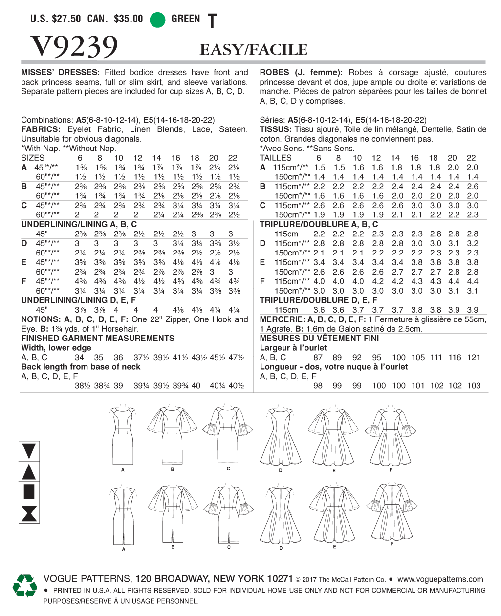 Vogue Patterns V9239 Misses' Princess Seam Dresses with Sleeve and Skirt Variations