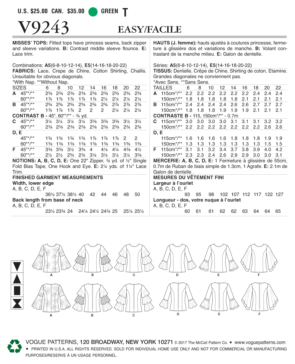 Vogue Patterns V9243 Misses' Princess Seam Tops with Flared Sleeve Variations