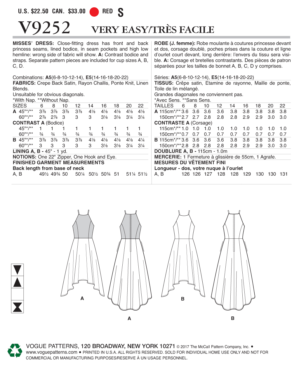 Vogue Patterns V9252 Misses' Princess Seam High-Low Dresses with Pockets