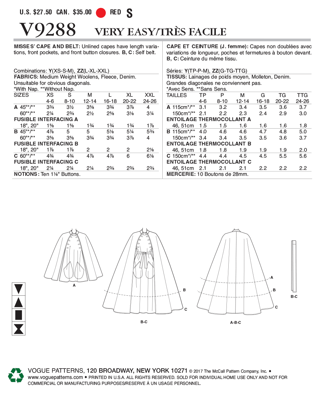 Vogue Patterns V9288 Misses' Cape with Stand Collar, Pockets, and Belt