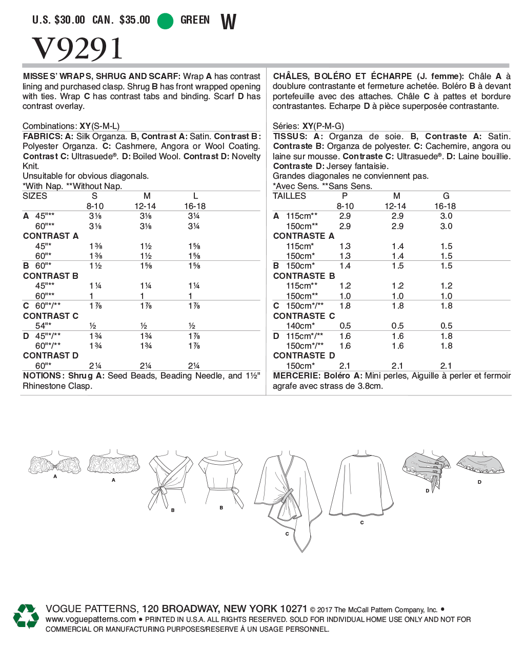 Vogue Pattern V9291 Misses' Wraps, Shrug and Scarf