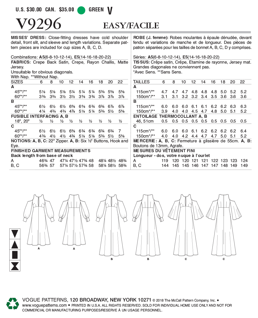 Vogue Patterns V9296 Misses' Dress