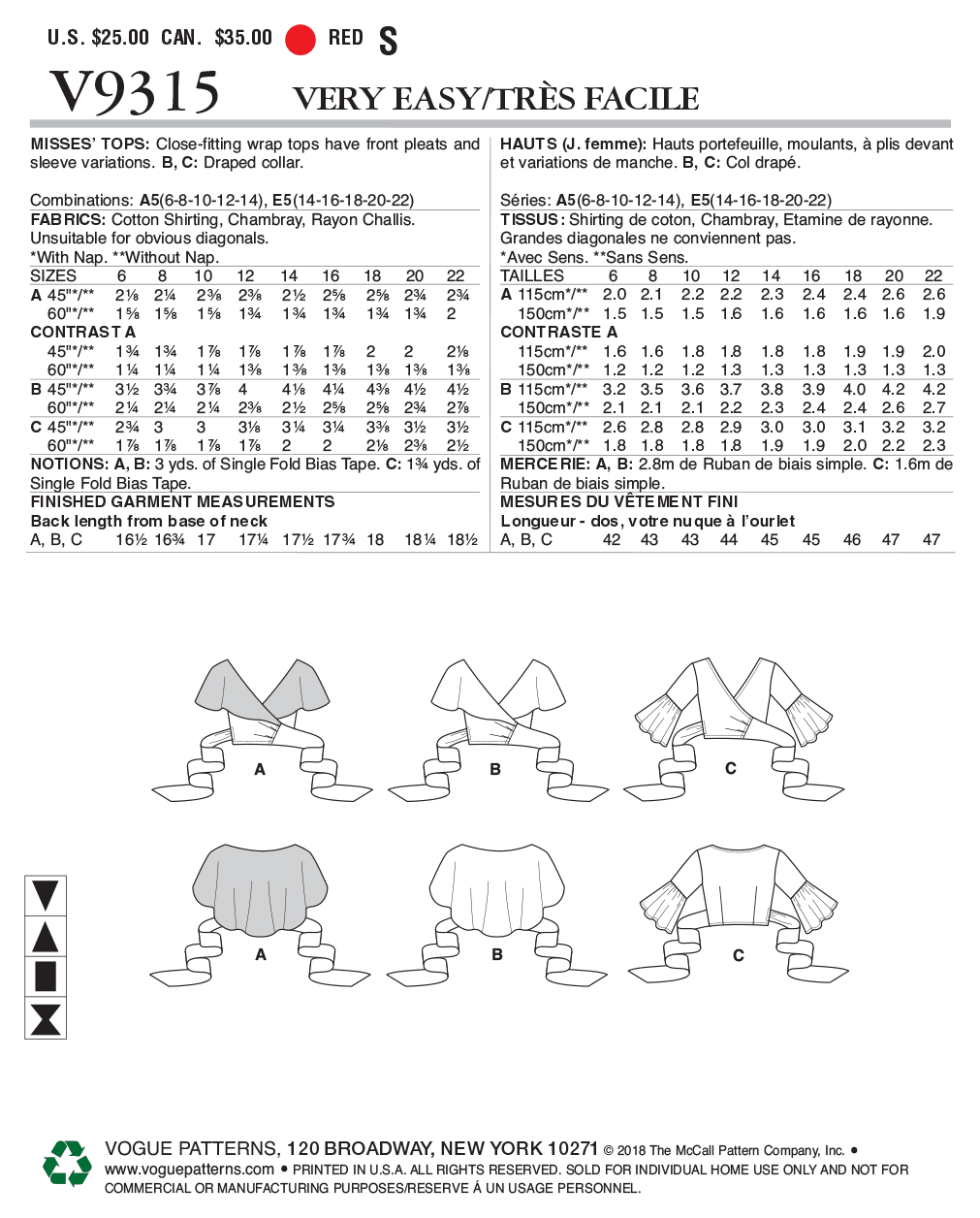 Vogue Patterns V9315 Misses' Top