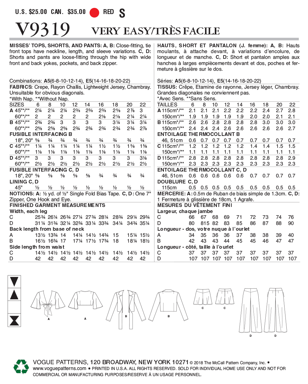 Vogue Patterns V9319 Misses' Top, Shorts and Pants