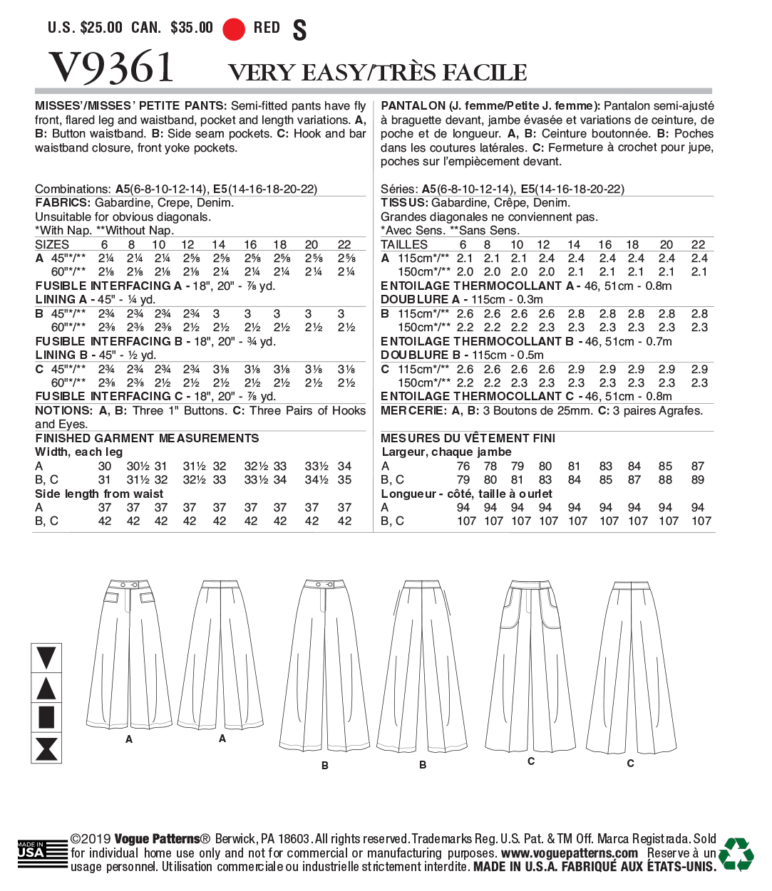 Vogue Patterns V9361 Misses'/Misses' Petite Pants