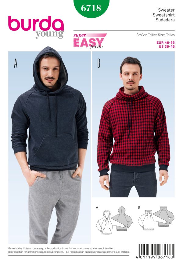 Burda B6718 Men's Pullover Hoodie Sewing Pattern