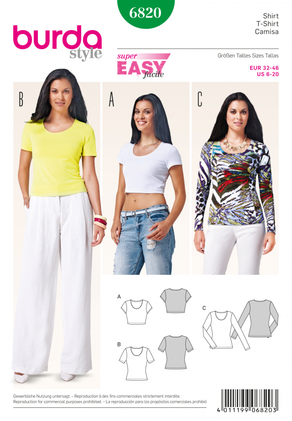 Burda B6820 Tops, Shirts, Blouses Sewing Pattern
