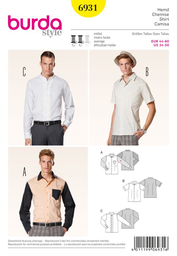 Burda B6931 Burda Style Menswear Sewing Pattern