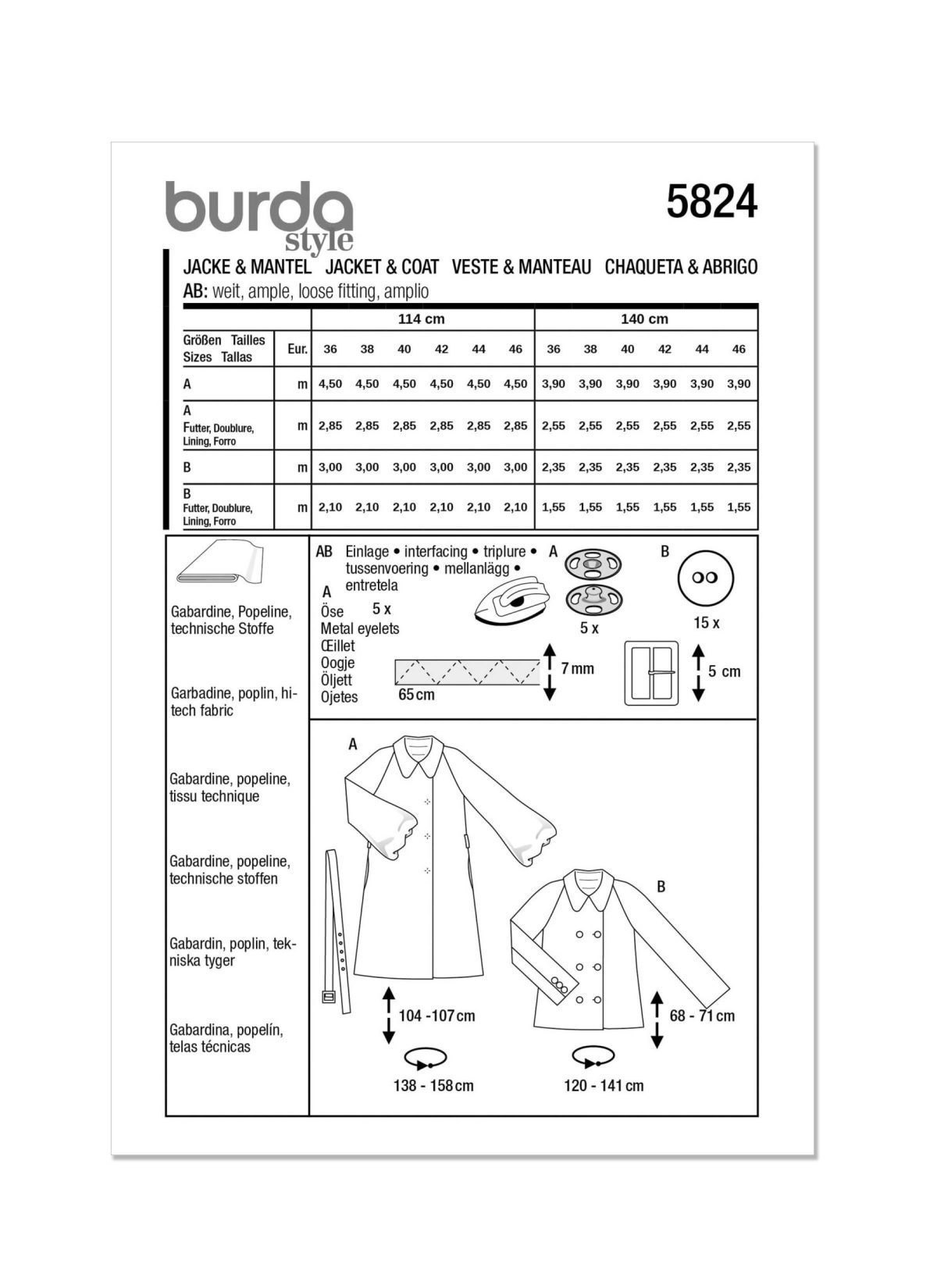 Burda Style Pattern 5824 Misses’ Jacket & Coat