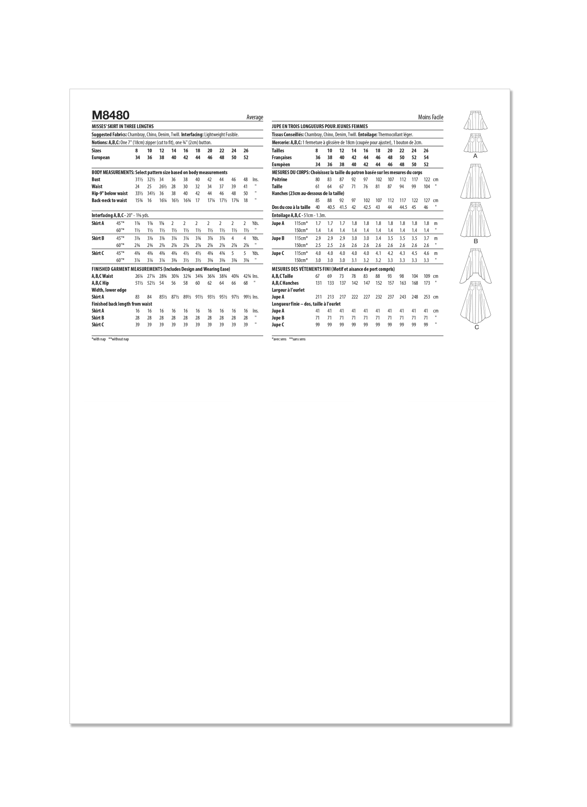 McCall's Sewing Pattern M8480 Misses' Skirt in Three Lengths