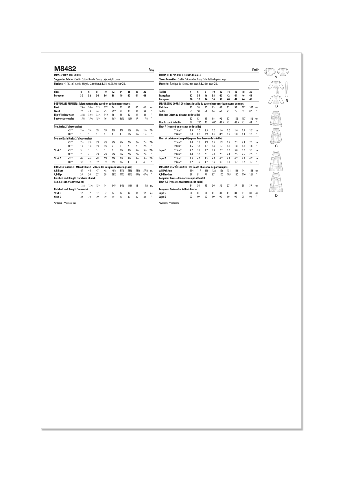 McCall's Sewing Pattern M8482 Misses' Tops and Skirts