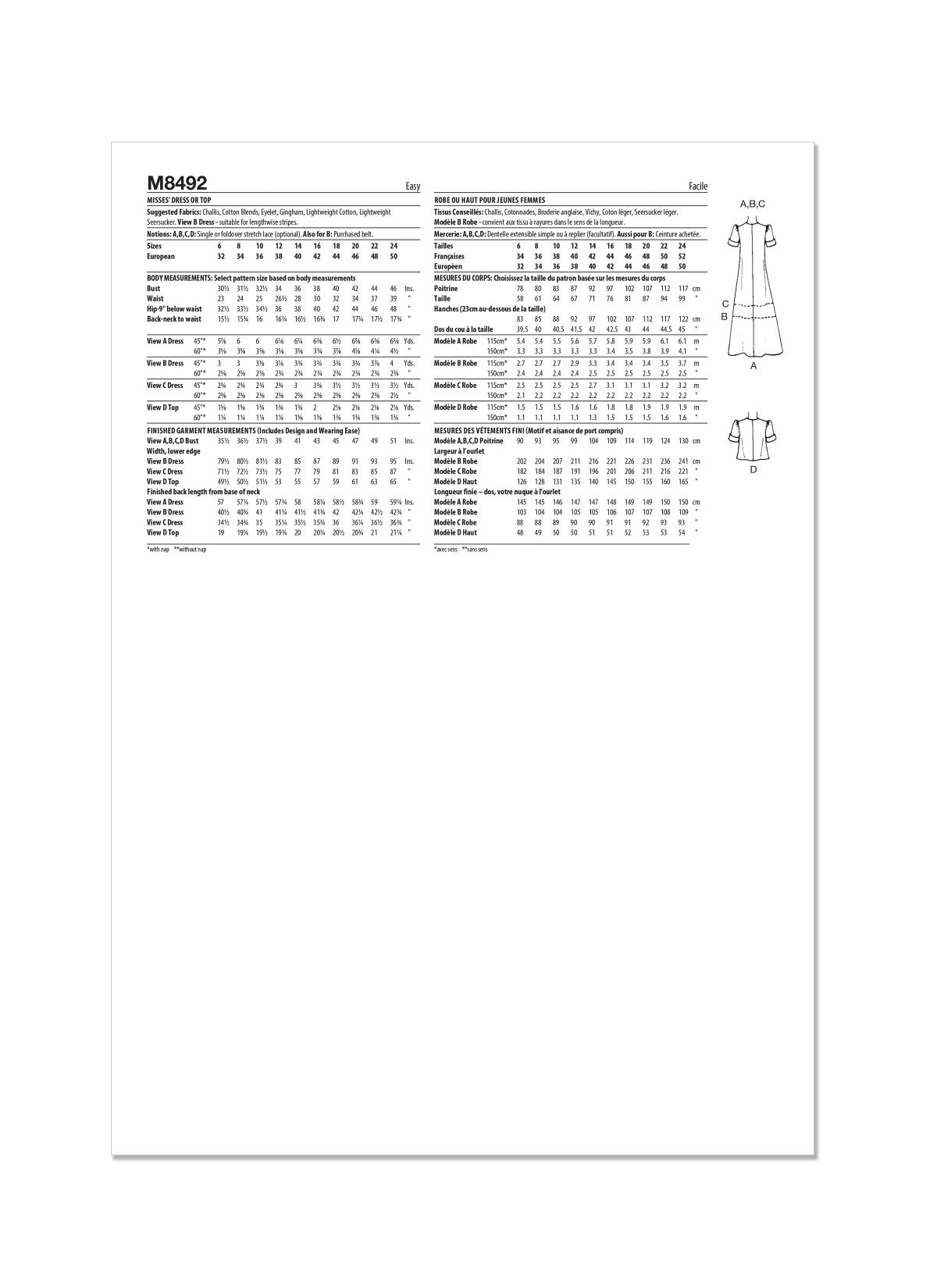 McCall's Sewing Pattern M8492 Misses' Dress or Top