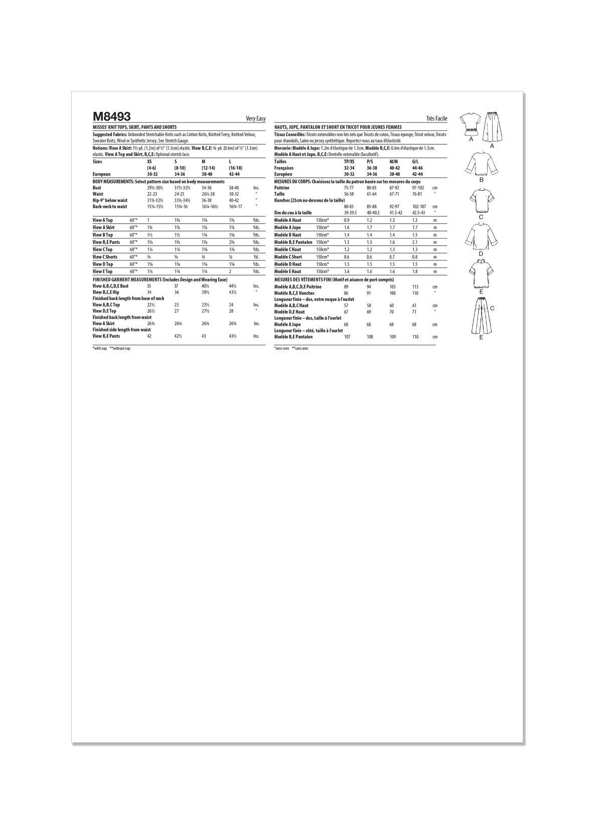 McCall's Sewing Pattern M8493 Misses' Knit Tops, Skirt, Trousers and Shorts