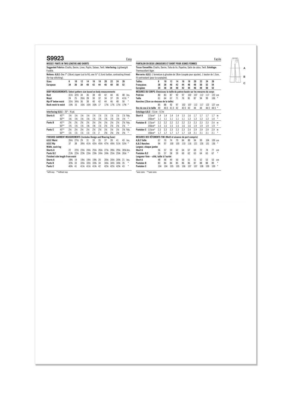 Simplicity Sewing Pattern S9923 Misses' Trousers in Two Lengths and Shorts