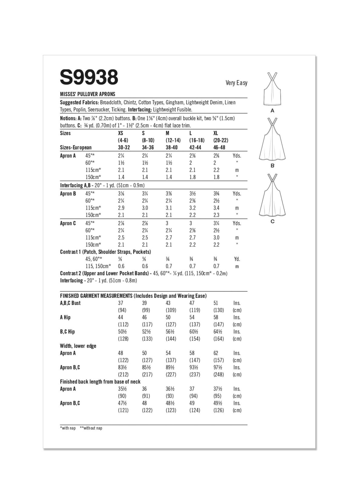 Simplicity Sewing Pattern S9938 Misses' Pullover Aprons
