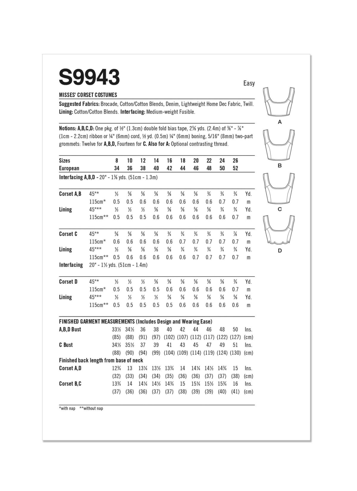 Simplicity Sewing Pattern S9943 Misses' Corset Costumes