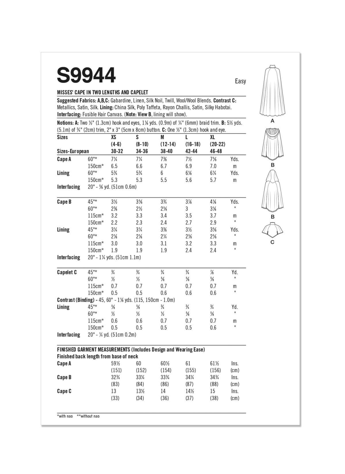 Simplicity Sewing Pattern S9944 Misses' Capelet and Cape in Two Lengths by Scissor IMP Workshop