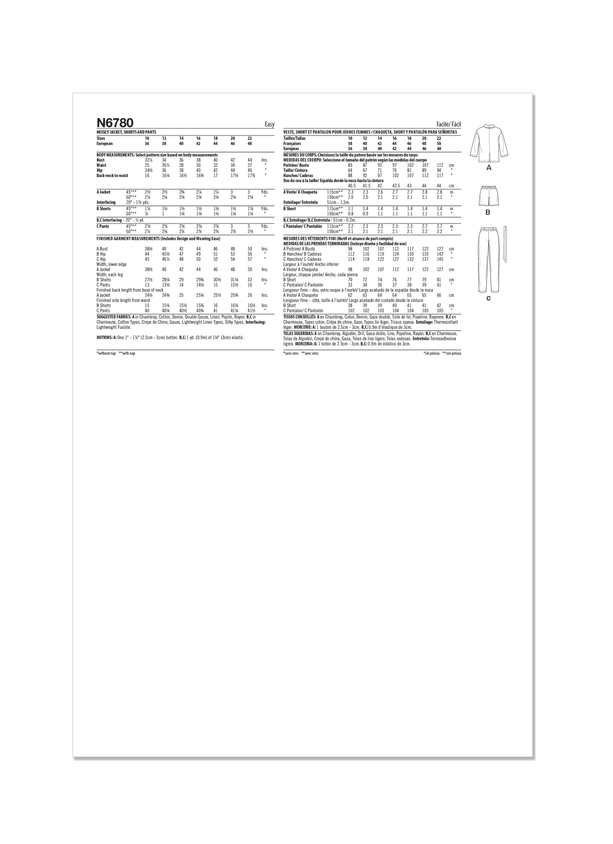 New Look Sewing Pattern N6780 Misses' Jacket, Shorts and Trousers