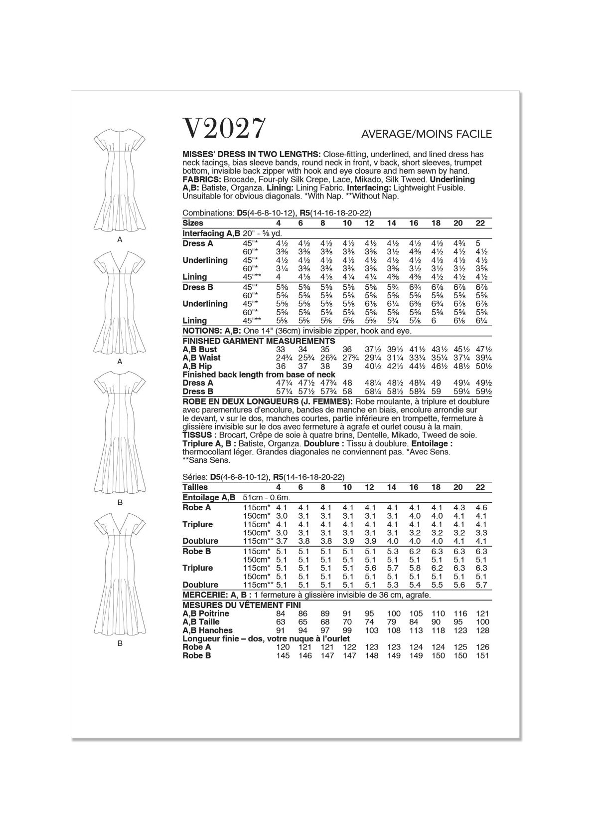 Vogue Patterns V2027 Misses' Dress in Two Lengths