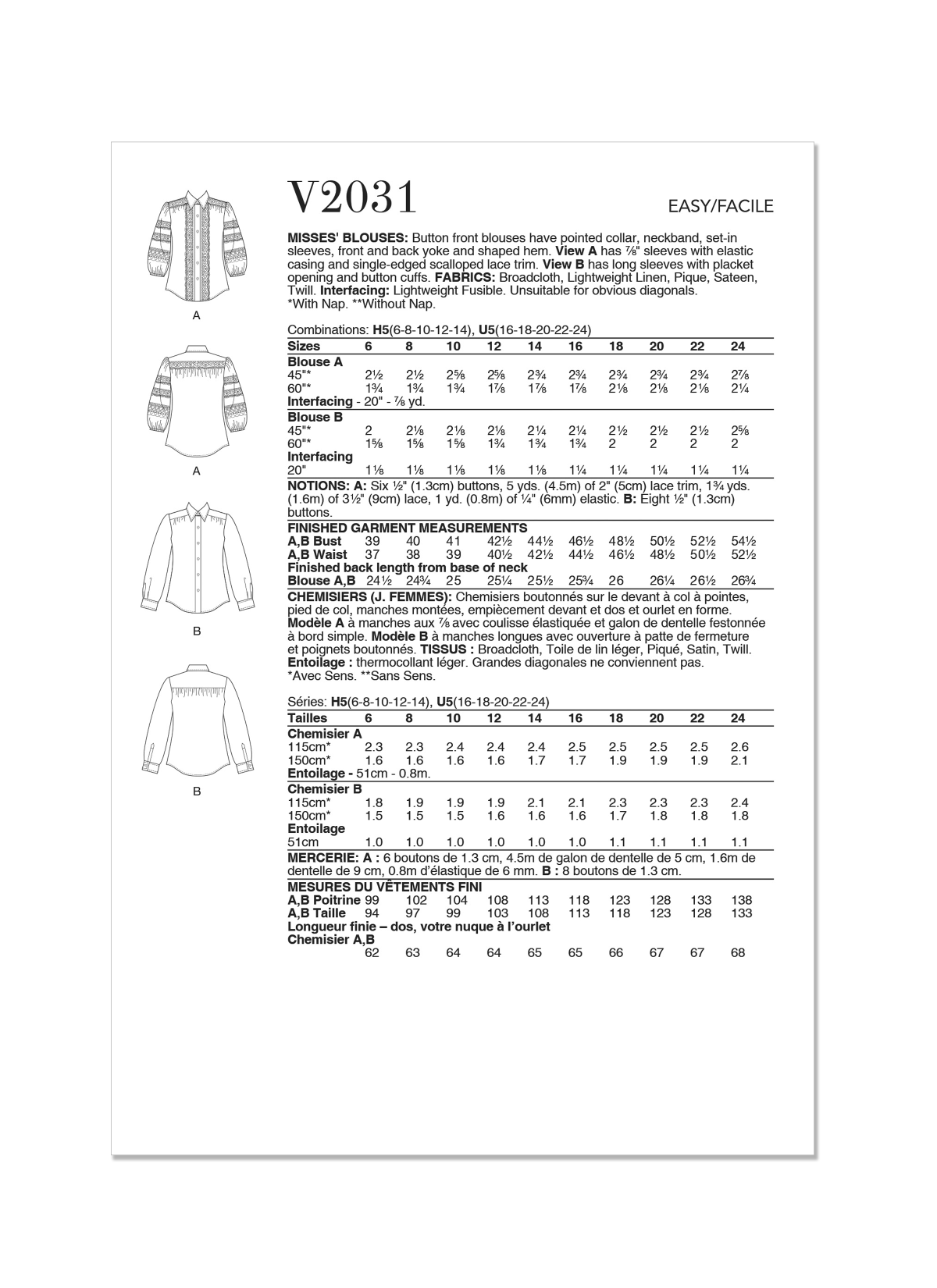 Vogue Patterns V2031 Misses' Blouses