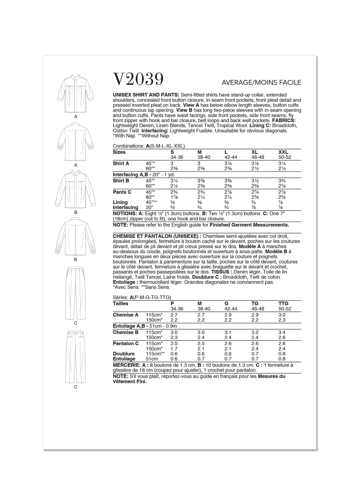 Vogue Patterns V2039 Unisex Shirt and Trousers