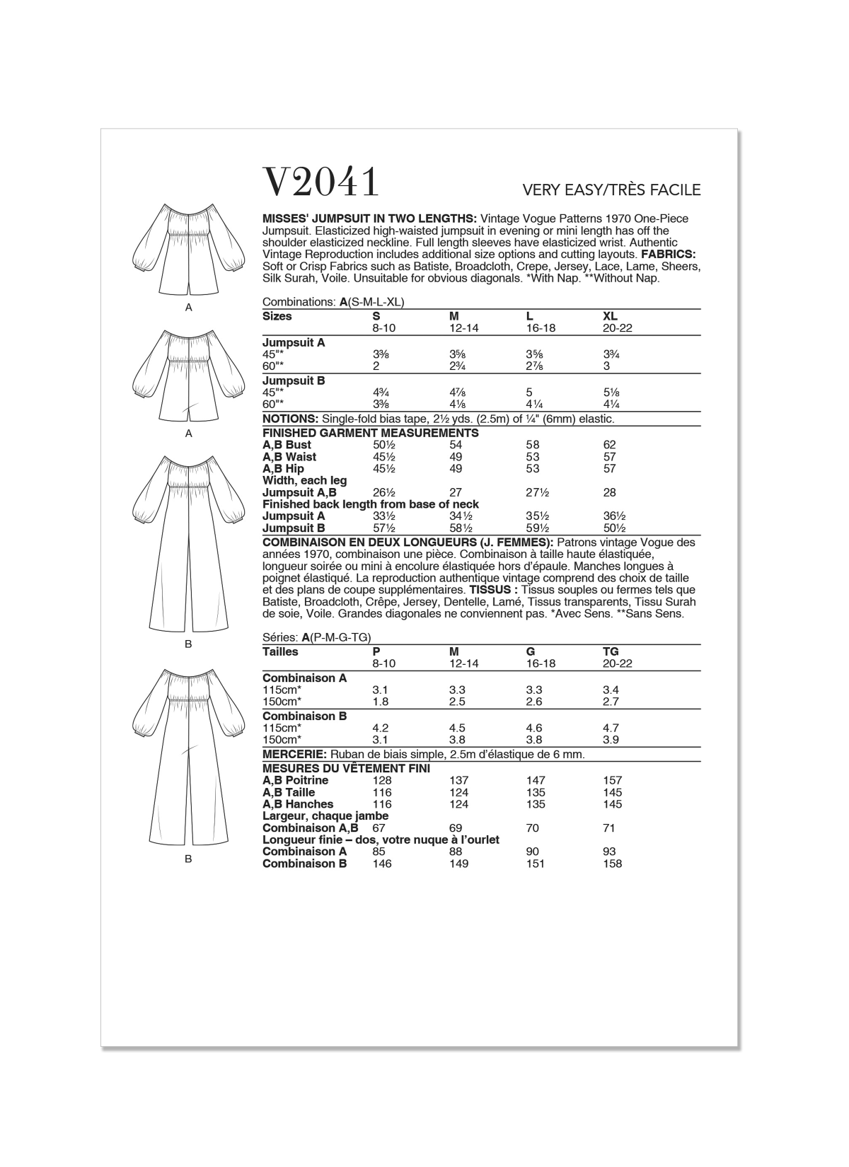 Vogue Patterns V2041 Misses' Jumpsuit in Two Lengths