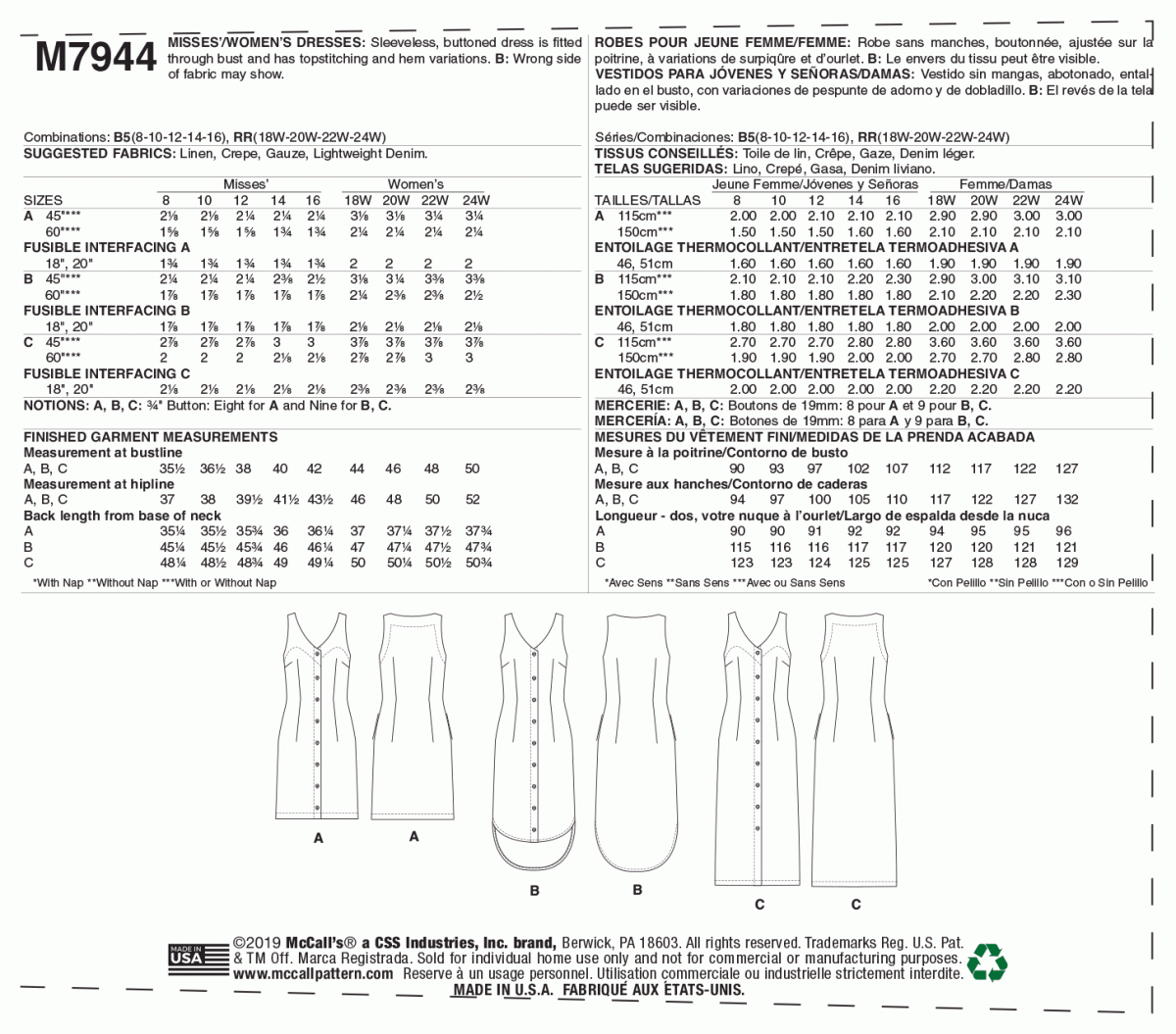 McCall's Sewing Pattern M7944 Misses'/Women's Dresses
