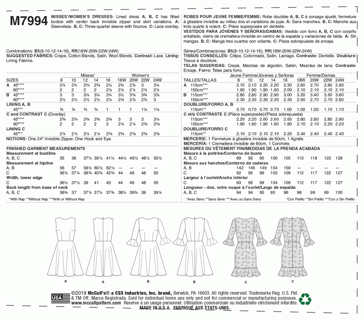 McCall's PDF Sewing Pattern M7994 Misses' Dress